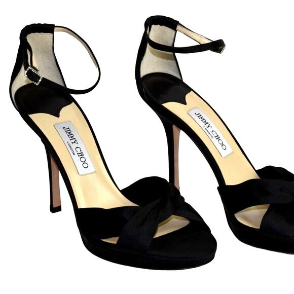 Jimmy Choo 9.5 Satin Open Toe MACY Sandals CRYSTAL Ankle Strap Pumps Heel Black - Picture 4 of 10